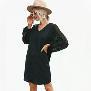 SweatyRocks Long Sleeve Pullover Swiss Dot Mini Dress Size Large Black NWT